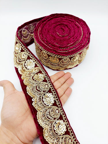 9 Yards Embroidered Velvet Fabric Trim Sequins Lace Sewing Trimming Sari Trim Indian Border
